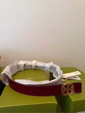 Tory Burch Burgundy Croc-Embossed Leather Belt with Gold Logo Buckle